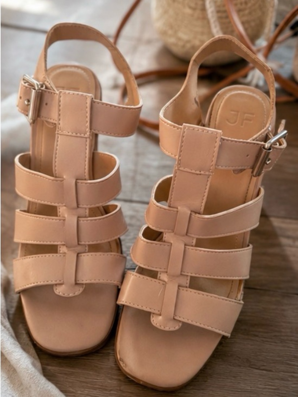 JustFab Nude Tan Multi-Strap Sandals